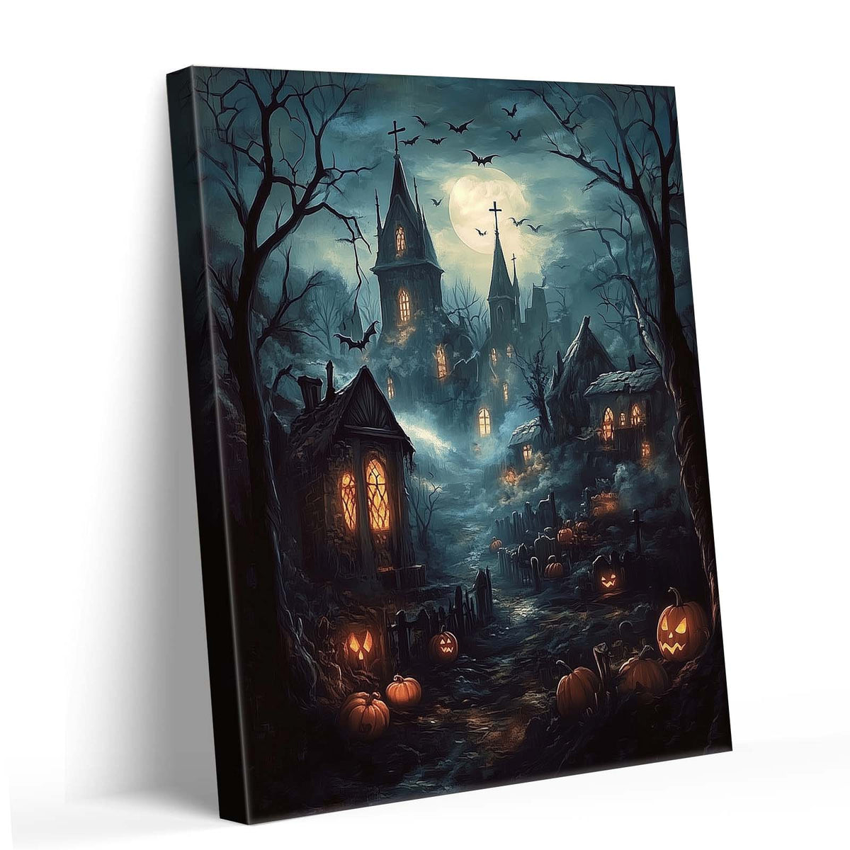Moonlit Gothic Halloween Landscape Haunted Village Wall Art