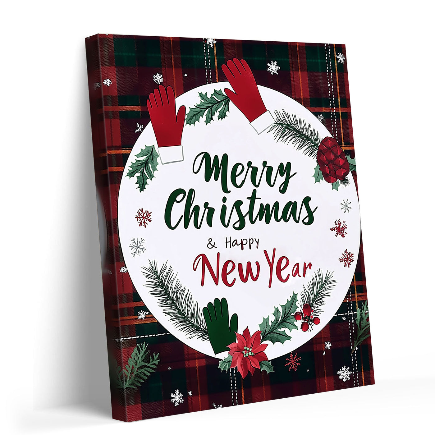 Merry Christmas Happy New Year Canvas Wall Art, Rustic Plaid Holiday Sign with Christmas Wreath and Mittens