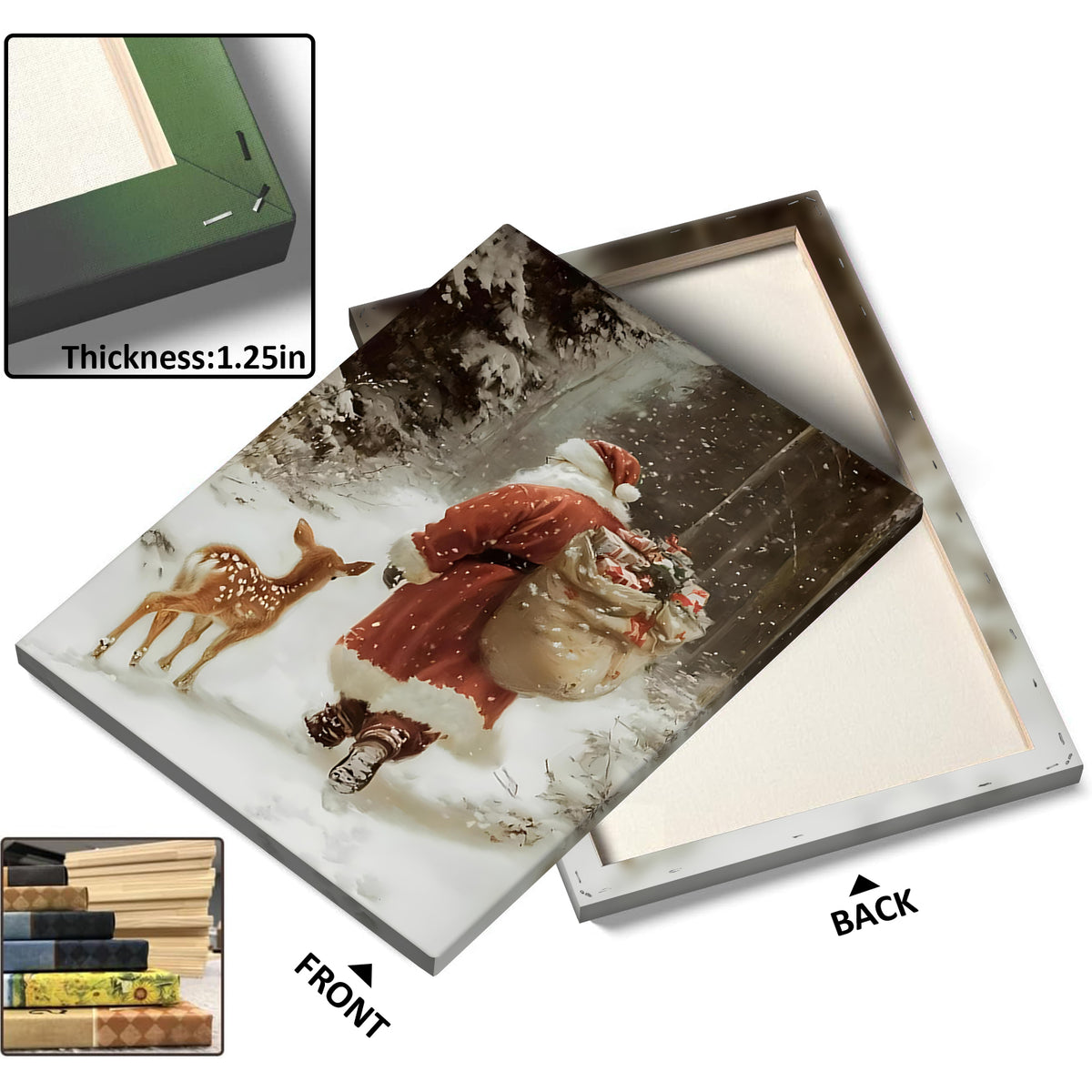 Santa Claus and Fawn Christmas Canvas Wall Art, Santa Carrying Gifts in a Snowy Forest Holiday Decor