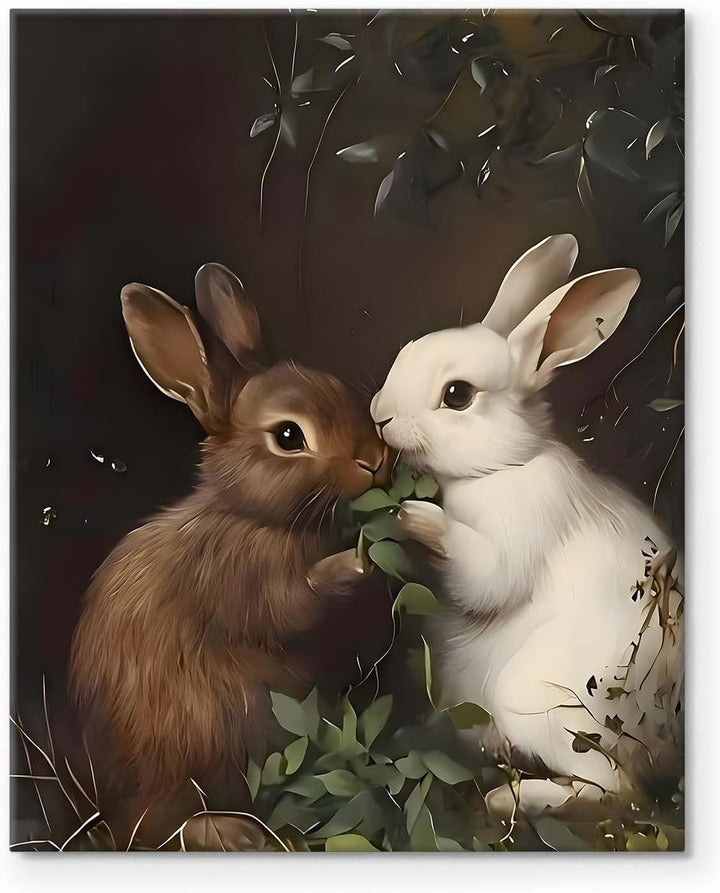 Easter Rabbits Canvas Wall Art, Adorable Hares Eating Leaves Oil Painting Home Decor, Nature-Inspired Wall Decor Stunning Lovable Bunny Canvas Prints for Living Room
