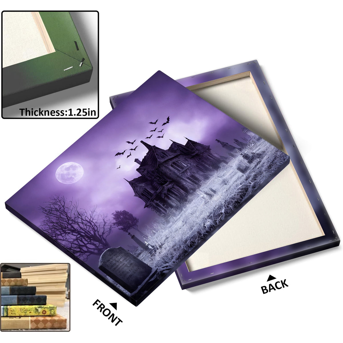 Haunted Mansion Halloween Canvas Wall Art, Full Moon Cemetery Decor