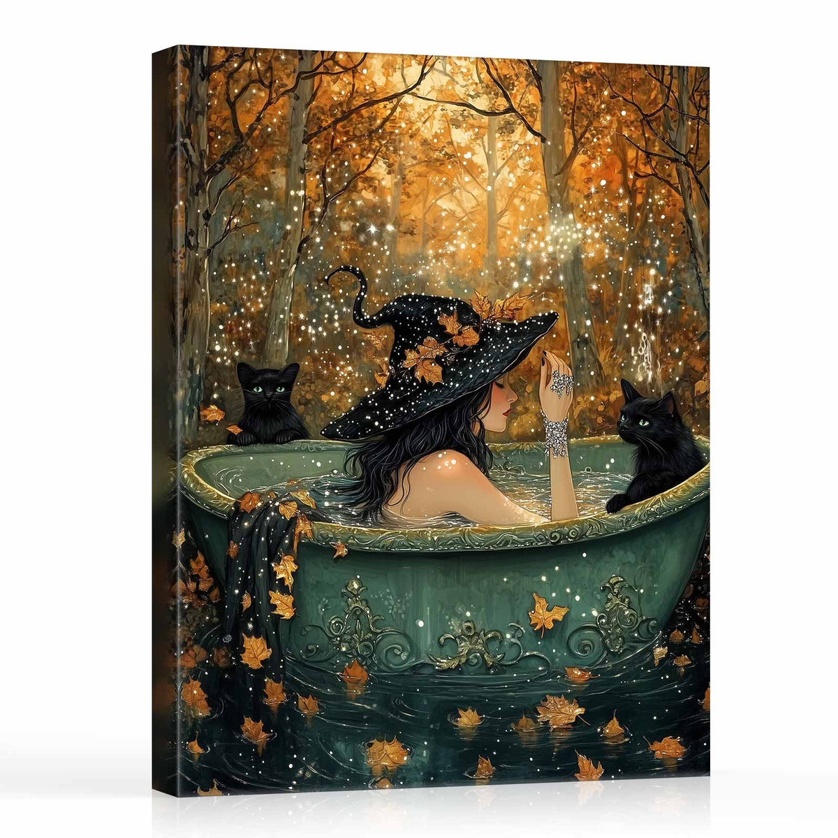 Witch in the Enchanted Forest Canvas Wall Art – Witch Hat, Black Cats and Autumn Magic Decor
