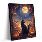 Black Cat and Pumpkins Halloween Whimsical Halloween Night Illustration Wall Art