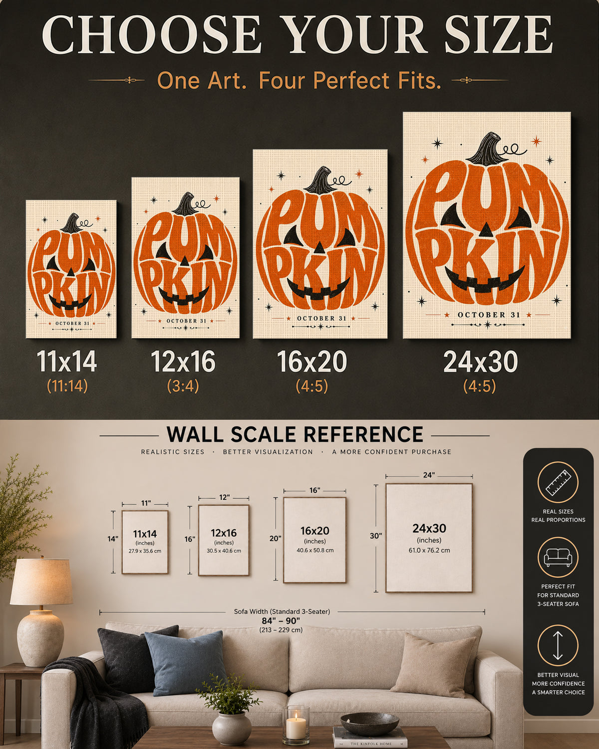 Retro Autumn Pumpkin Typography Halloween Canvas Wall Art