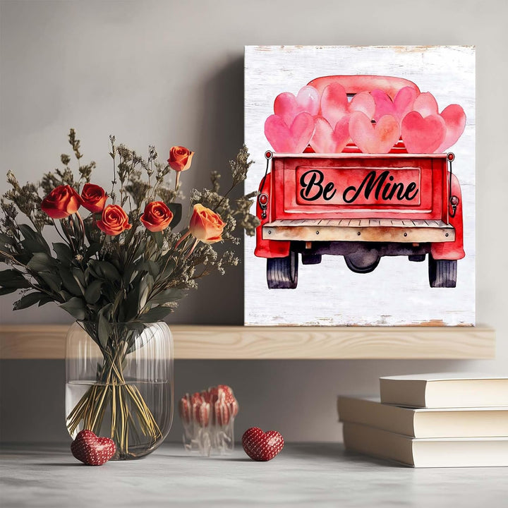 Valentine's Day Canvas Wall Art, Romantic Quote Wall Art Be Mine Red Truck with Pink Heart Balloons Pictures Print, Romantic Farmhouse Decor for Couples and Holiday Home
