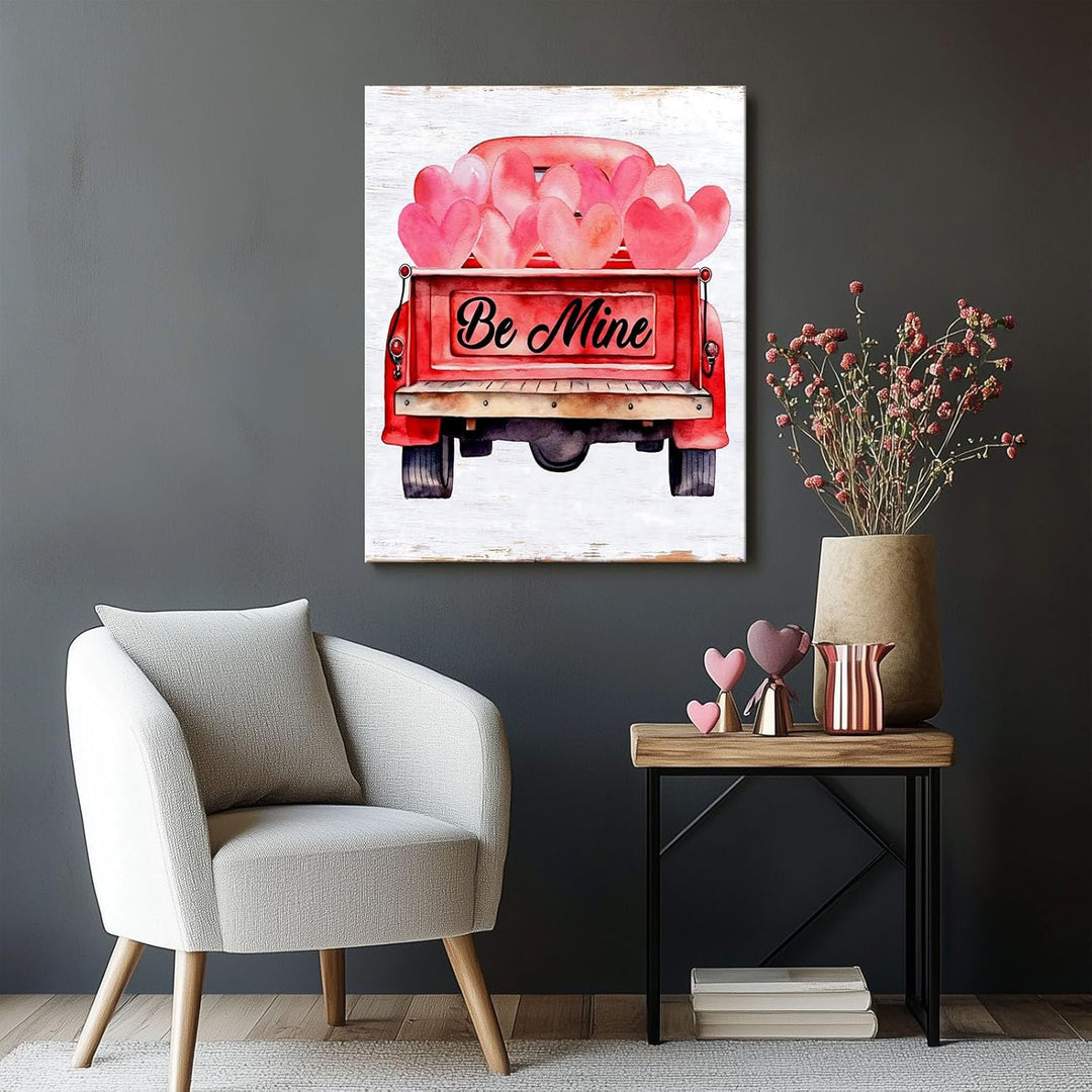 Valentine's Day Canvas Wall Art, Romantic Quote Wall Art Be Mine Red Truck with Pink Heart Balloons Pictures Print, Romantic Farmhouse Decor for Couples and Holiday Home