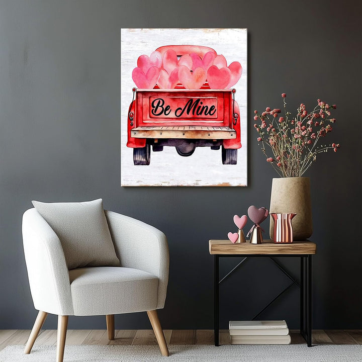 Valentine's Day Canvas Wall Art, Romantic Quote Wall Art Be Mine Red Truck with Pink Heart Balloons Pictures Print, Romantic Farmhouse Decor for Couples and Holiday Home