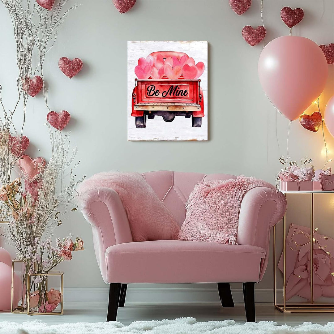 Valentine's Day Canvas Wall Art, Romantic Quote Wall Art Be Mine Red Truck with Pink Heart Balloons Pictures Print, Romantic Farmhouse Decor for Couples and Holiday Home