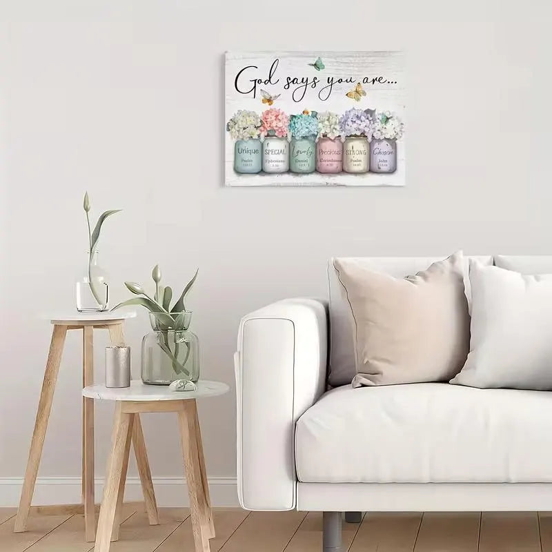Easter Christian Wall Art God Says You Are Sign, Floral Mason Jar Scripture Canvas, Inspirational Bible Verse Spring Decor