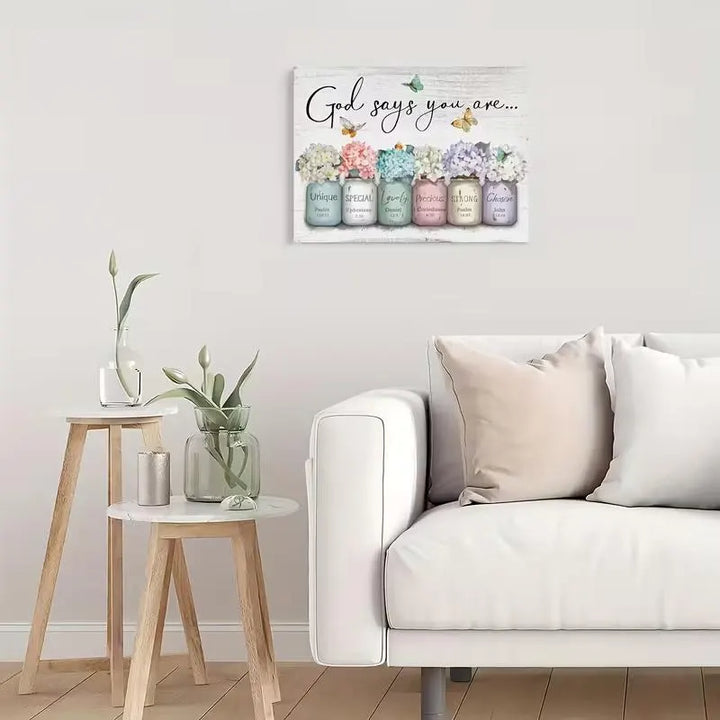 Easter Christian Wall Art God Says You Are Sign, Floral Mason Jar Scripture Canvas, Inspirational Bible Verse Spring Decor