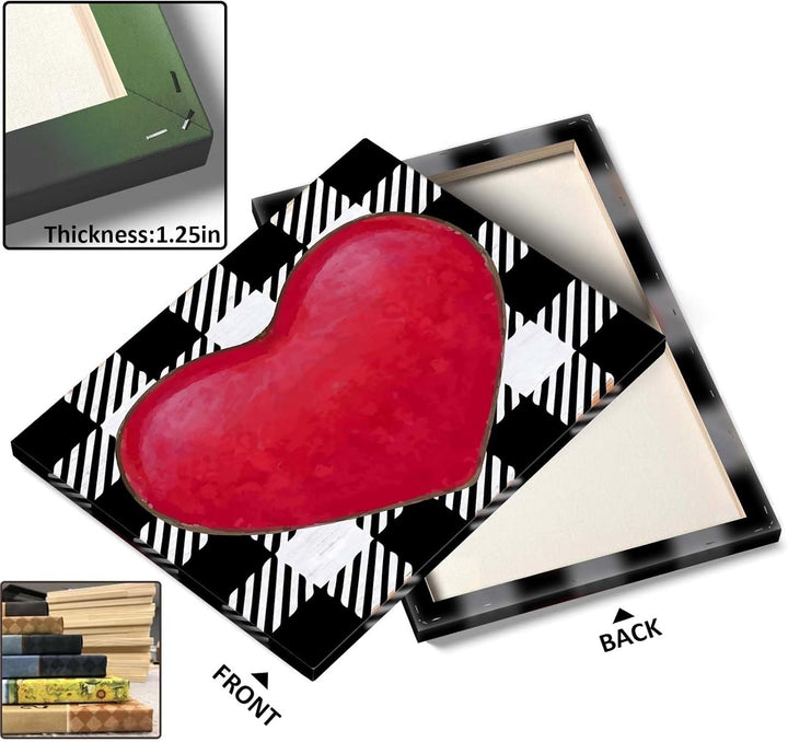 Vintage Valentine Pictures Print Bold Red Heart on Black and White Plaid Background
