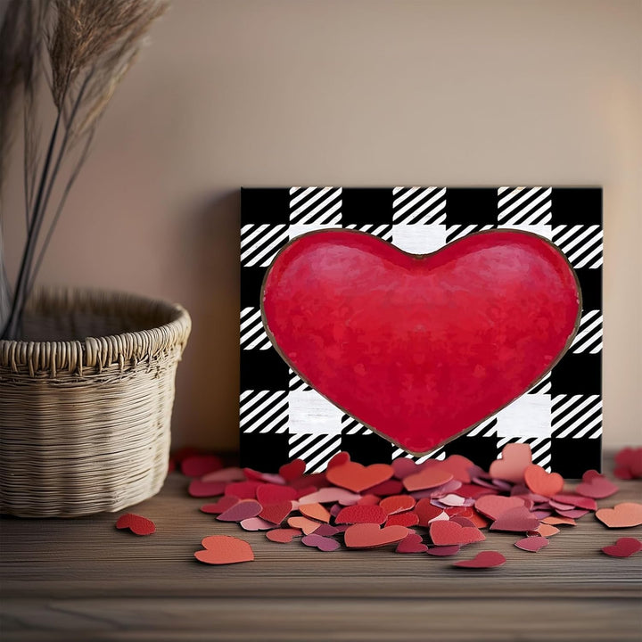 Vintage Valentine Pictures Print Bold Red Heart on Black and White Plaid Background