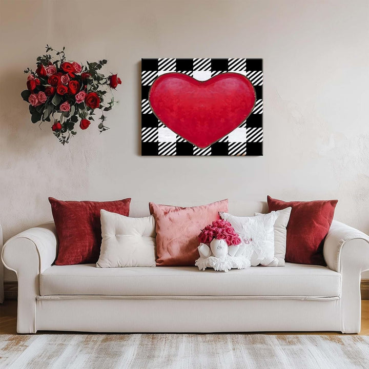 Vintage Valentine Pictures Print Bold Red Heart on Black and White Plaid Background