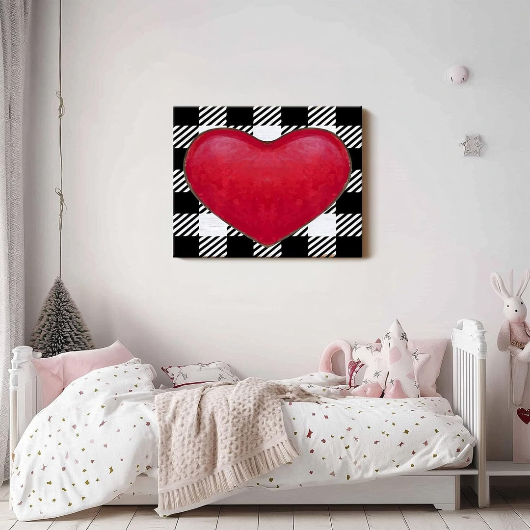 Vintage Valentine Pictures Print Bold Red Heart on Black and White Plaid Background