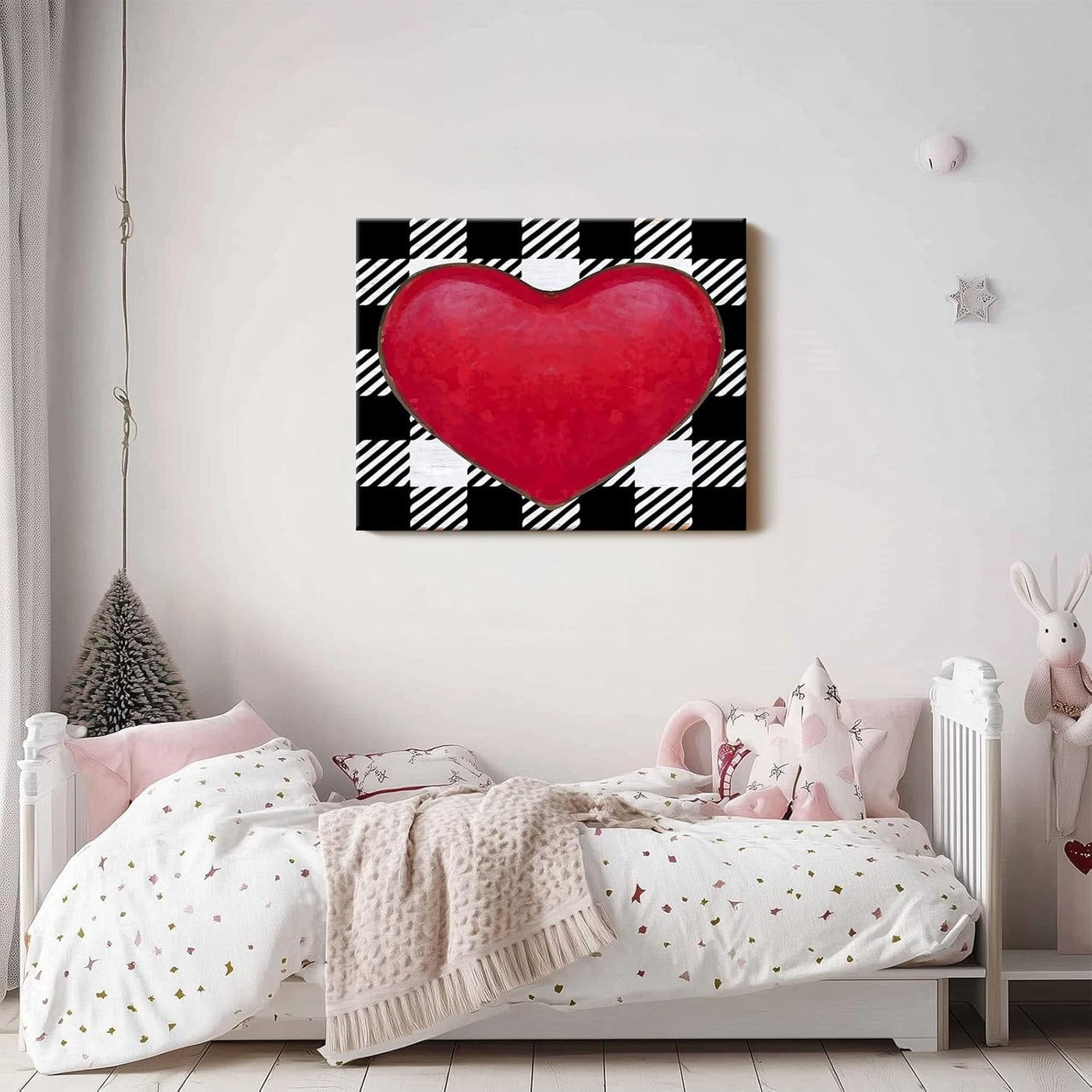 Vintage Valentine Pictures Print Bold Red Heart on Black and White Plaid Background
