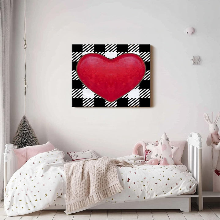 Vintage Valentine Pictures Print Bold Red Heart on Black and White Plaid Background