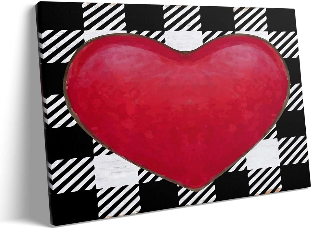 Vintage Valentine Pictures Print Bold Red Heart on Black and White Plaid Background