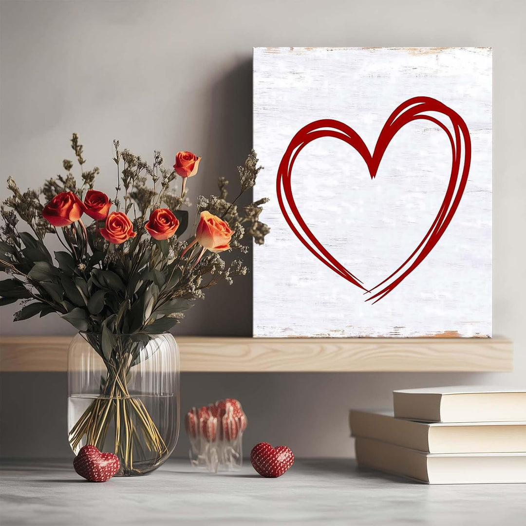 Minimalist Red Heart Outline on Rustic White Background