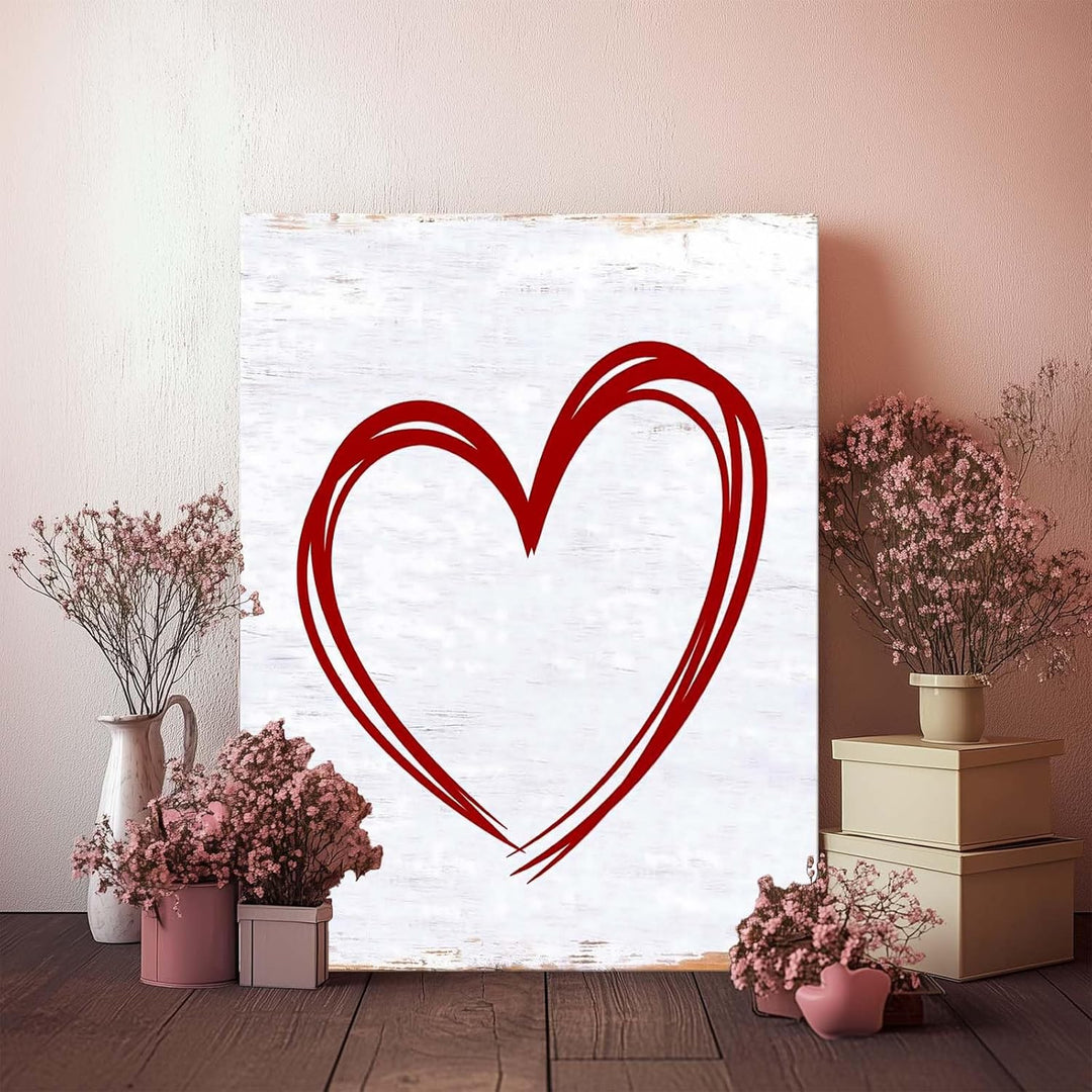 Minimalist Red Heart Outline on Rustic White Background