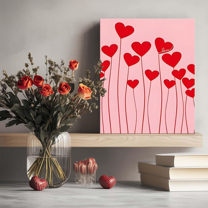 Romantic Heart Pictures Print Red Heart Stems on Pink Background