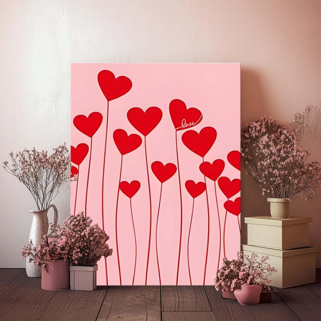 Romantic Heart Pictures Print Red Heart Stems on Pink Background