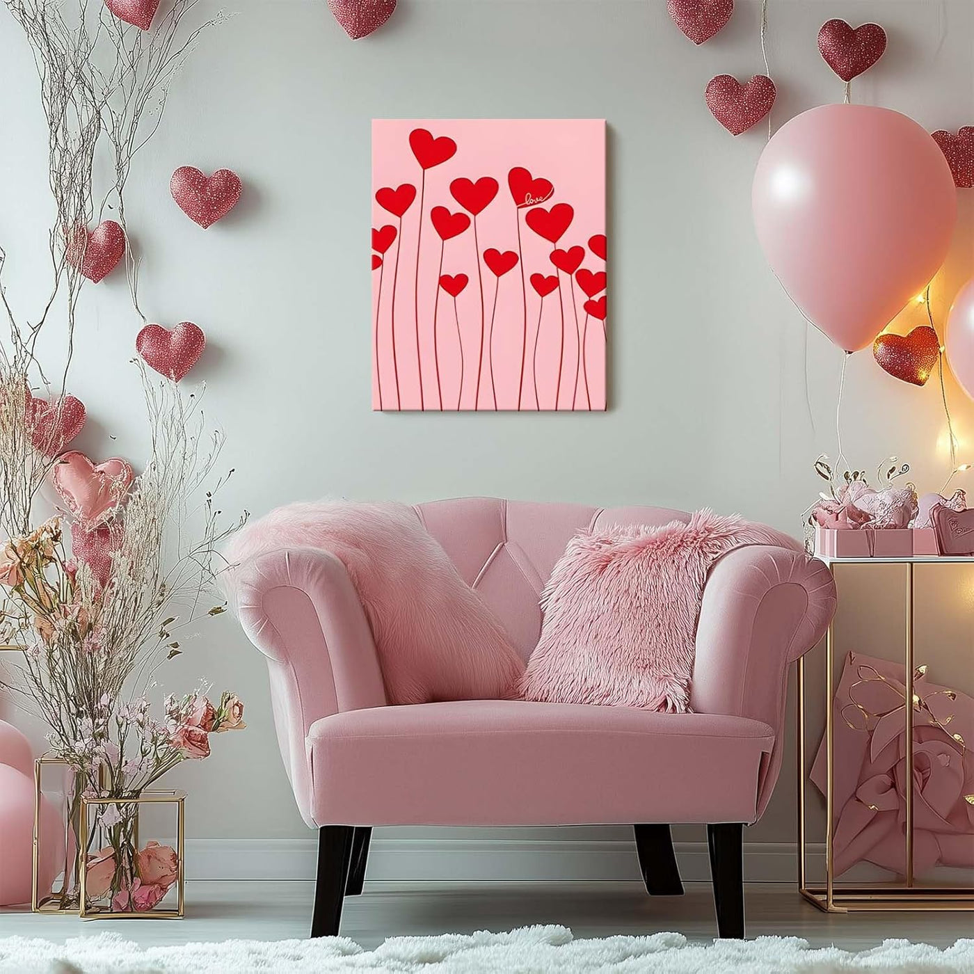 Romantic Heart Pictures Print Red Heart Stems on Pink Background