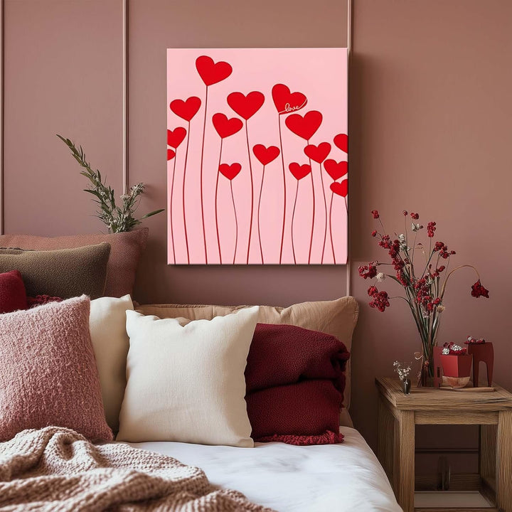 Romantic Heart Pictures Print Red Heart Stems on Pink Background
