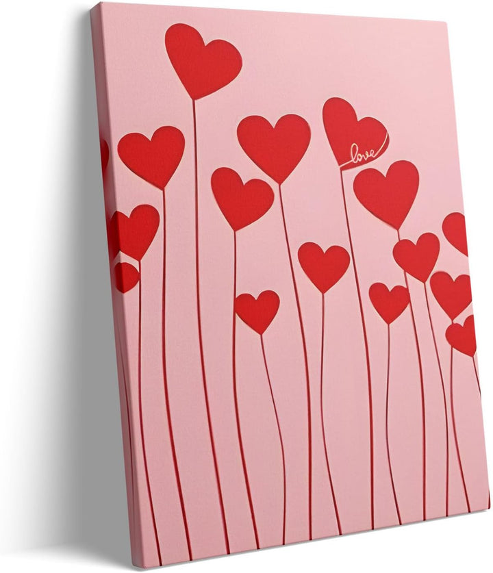 Romantic Heart Pictures Print Red Heart Stems on Pink Background