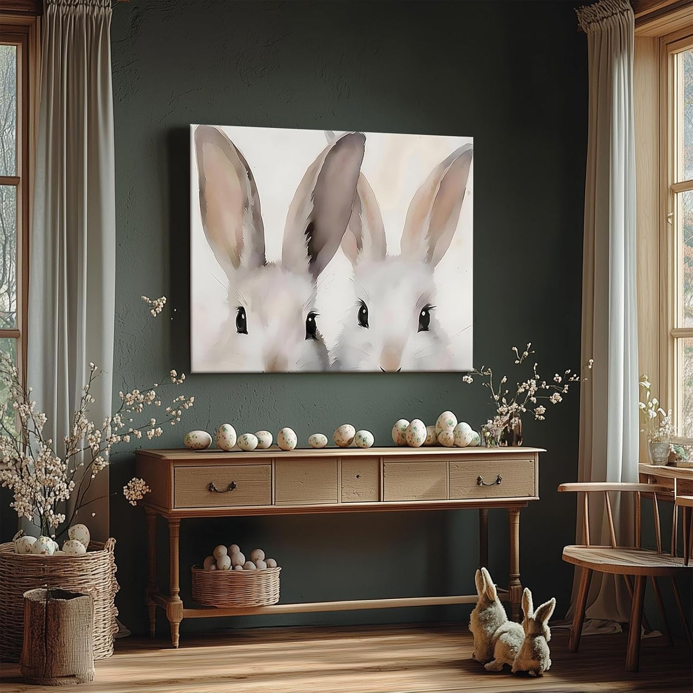 Rustic Easter Bunny Canvas Wall Art, Bunny Farmhouse Home Decor Print Painting Spring Aesthetic Artwork, Modern Easter Charm Holiday Gift Nursery Living Room Decoration