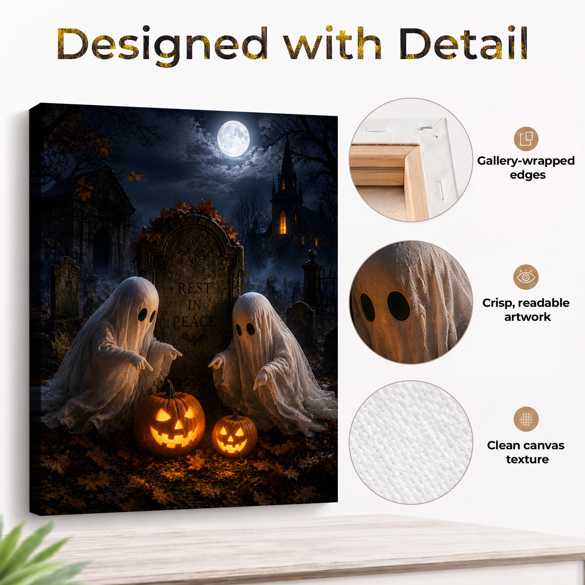 Cute Ghost and Pumpkin Halloween Canvas Wall Art, Whimsical Gothic Fall Decor for Home, Bedroom and Kids’ Room