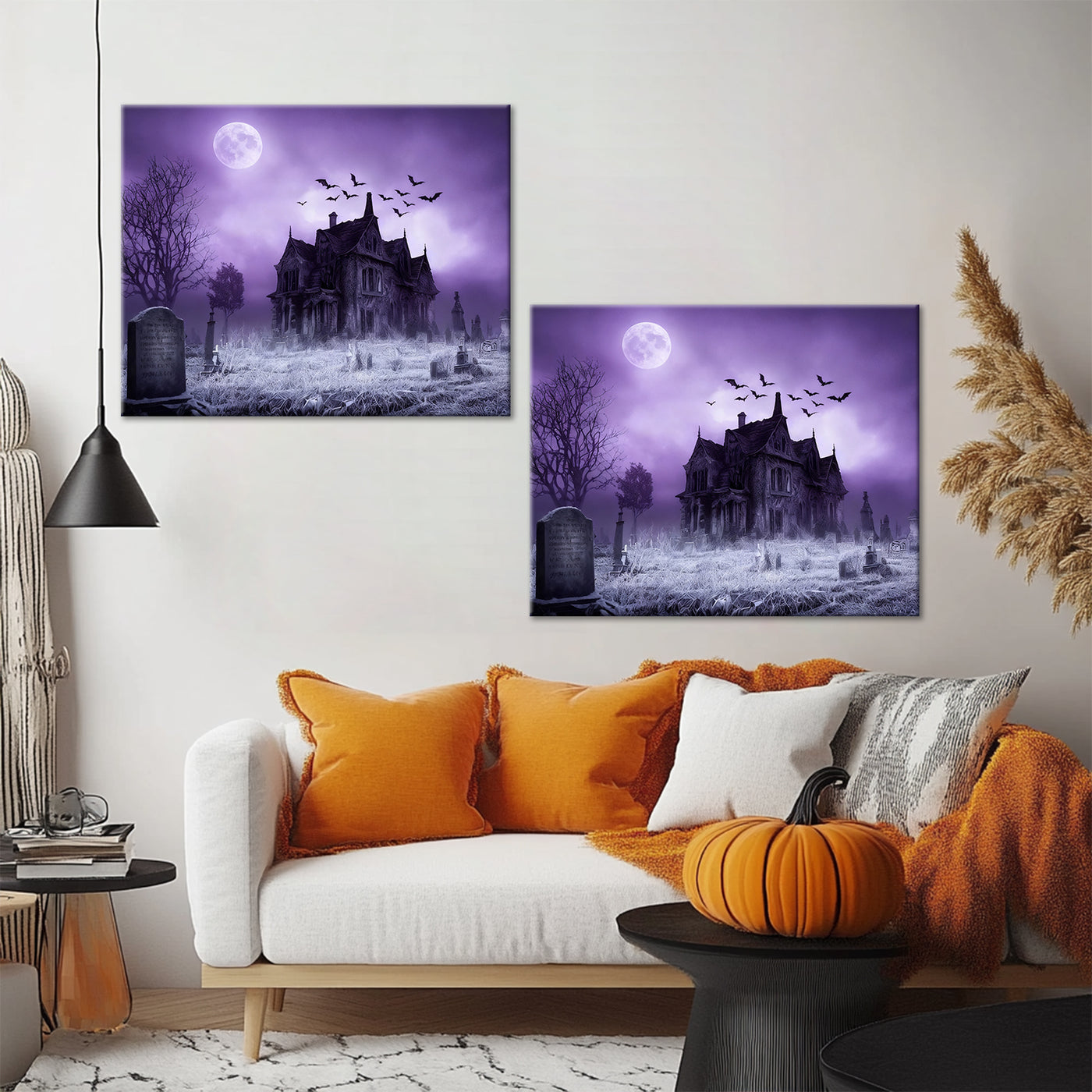 Haunted Mansion Halloween Canvas Wall Art, Full Moon Cemetery Decor