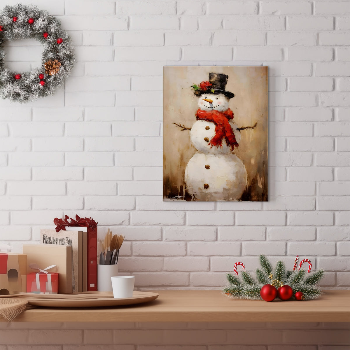 Christmas Snowman Canvas Wall Art, Rustic Snowman with Red Scarf and Black Hat Holiday Decor for Living Room