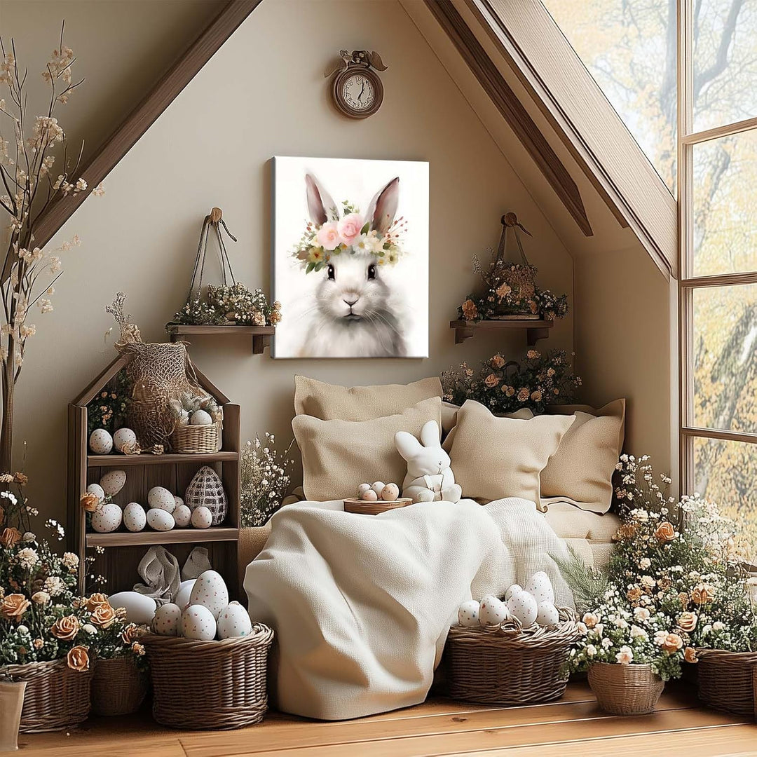 Easter Bunny Canvas Wall Art, Floral Bunny Farmhouse Decor Print Oil Painting Spring Aesthetic Artwork, Rustic Easter Charm Holiday Gift Bedroom Living Room Decoration