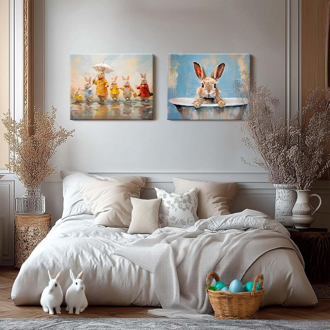 Framed Easter Canvas Wall Art, Bunny Family in Rainy Spring Print Poster, Whimsical Oil Painting Heartwarming Fun Artwork Decoration Pictures