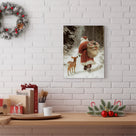 Santa Claus and Fawn Christmas Canvas Wall Art, Santa Carrying Gifts in a Snowy Forest Holiday Decor