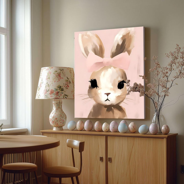Easter Bunny Canvas Wall Art, Stylish Bunny Pop Home Decor Print Painting Spring Pink Aesthetic Artwork, Rustic Easter Charm Holiday Gift Nursery Living Room Decoration