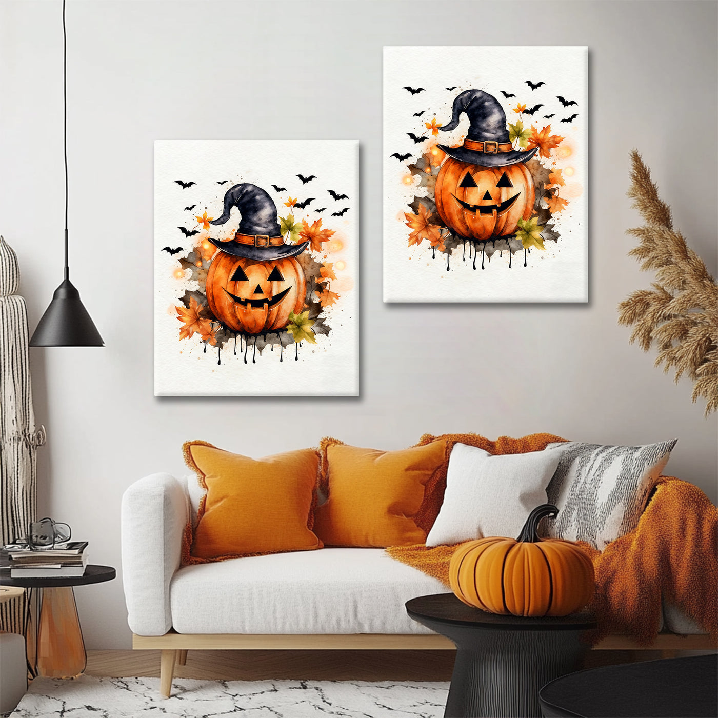 Watercolor Witch Hat Pumpkin Halloween Canvas Wall Art