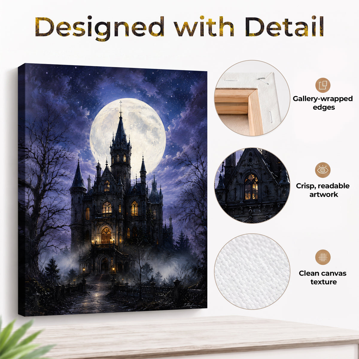 Gothic Castle and Bats Halloween Canvas Wall Art, Dark Fantasy Fall Decor for Living Room, Bedroom and Office