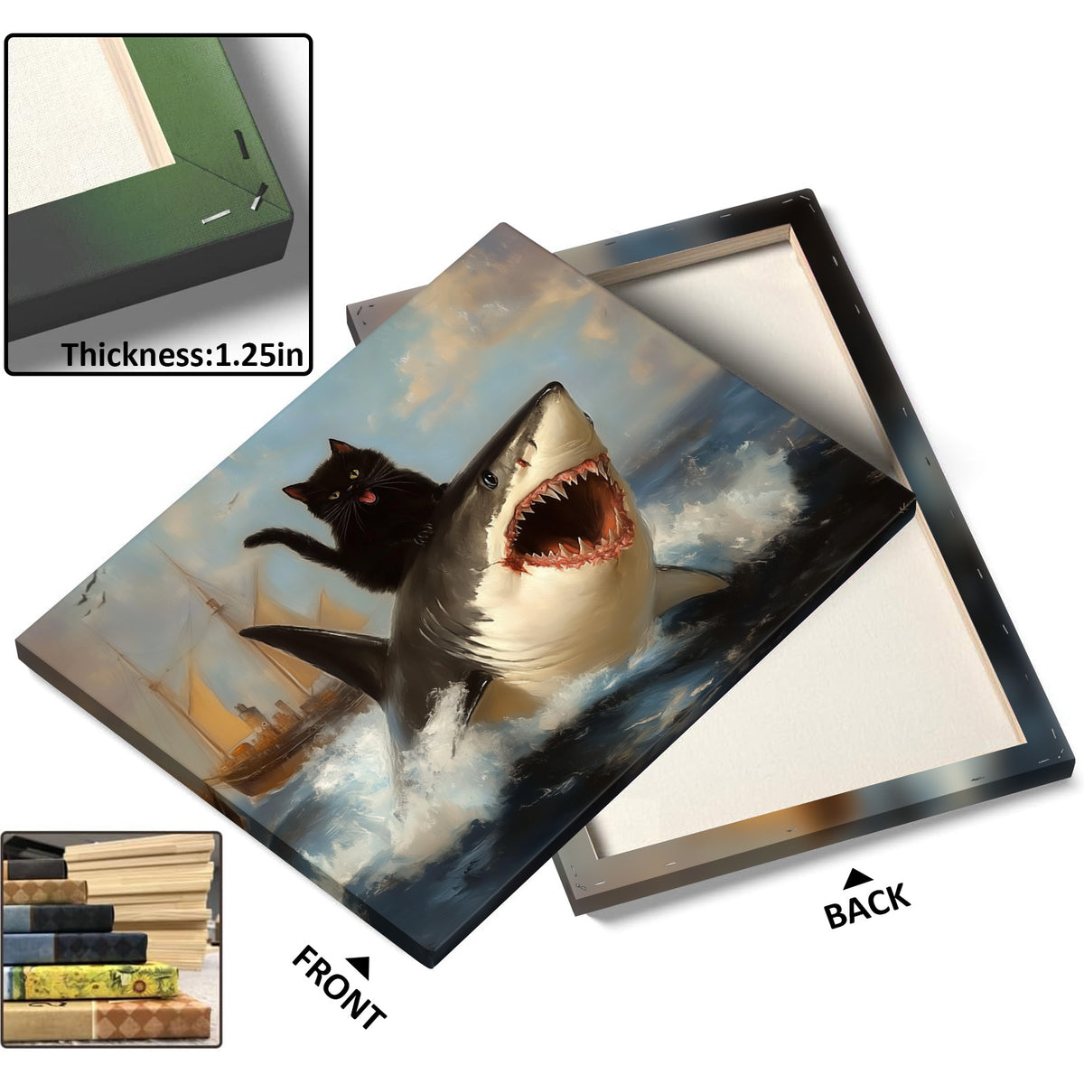 Black Cat Riding a Shark Whimsical Surreal Ocean Adventure Painting Wall Art