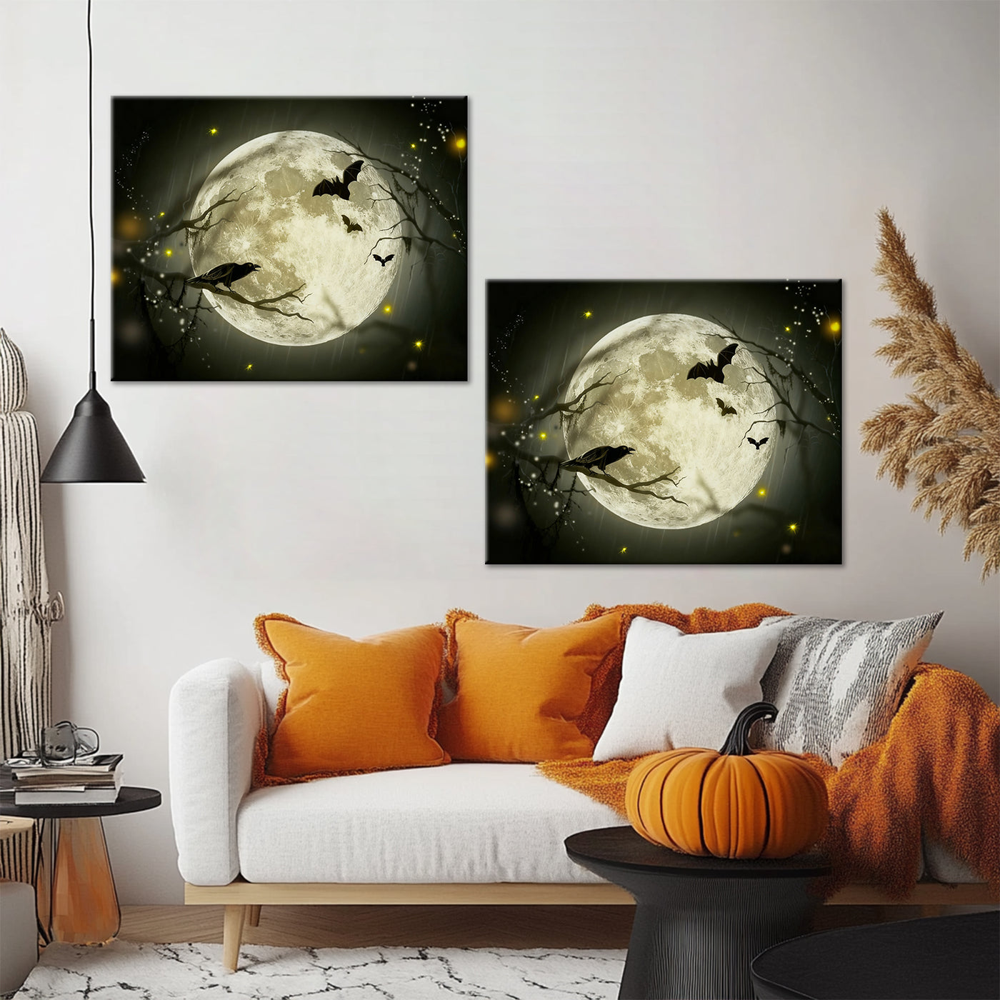 Raven Under the Harvest Moon Halloween Canvas Wall Art