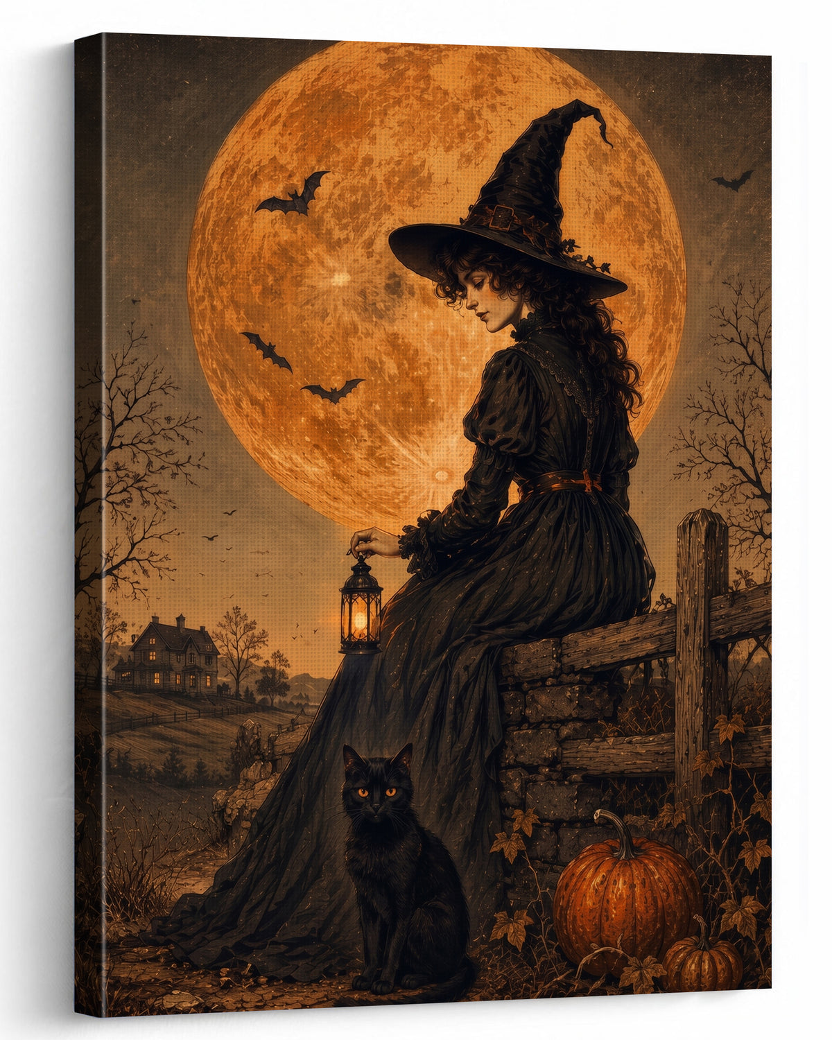 Witch Under the Harvest Moon Halloween Canvas Wall Art