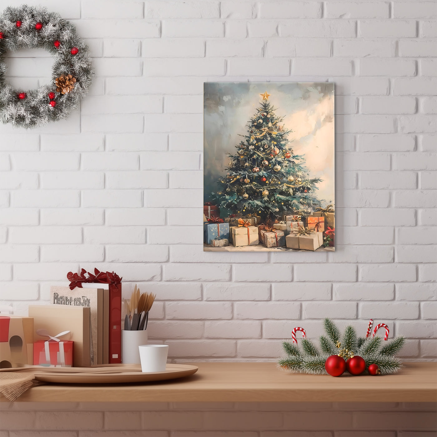 Decorated Christmas Tree Canvas Wall Art with Gifts, Festive Holiday Artwork for Living Room, Bedroom and Entryway
