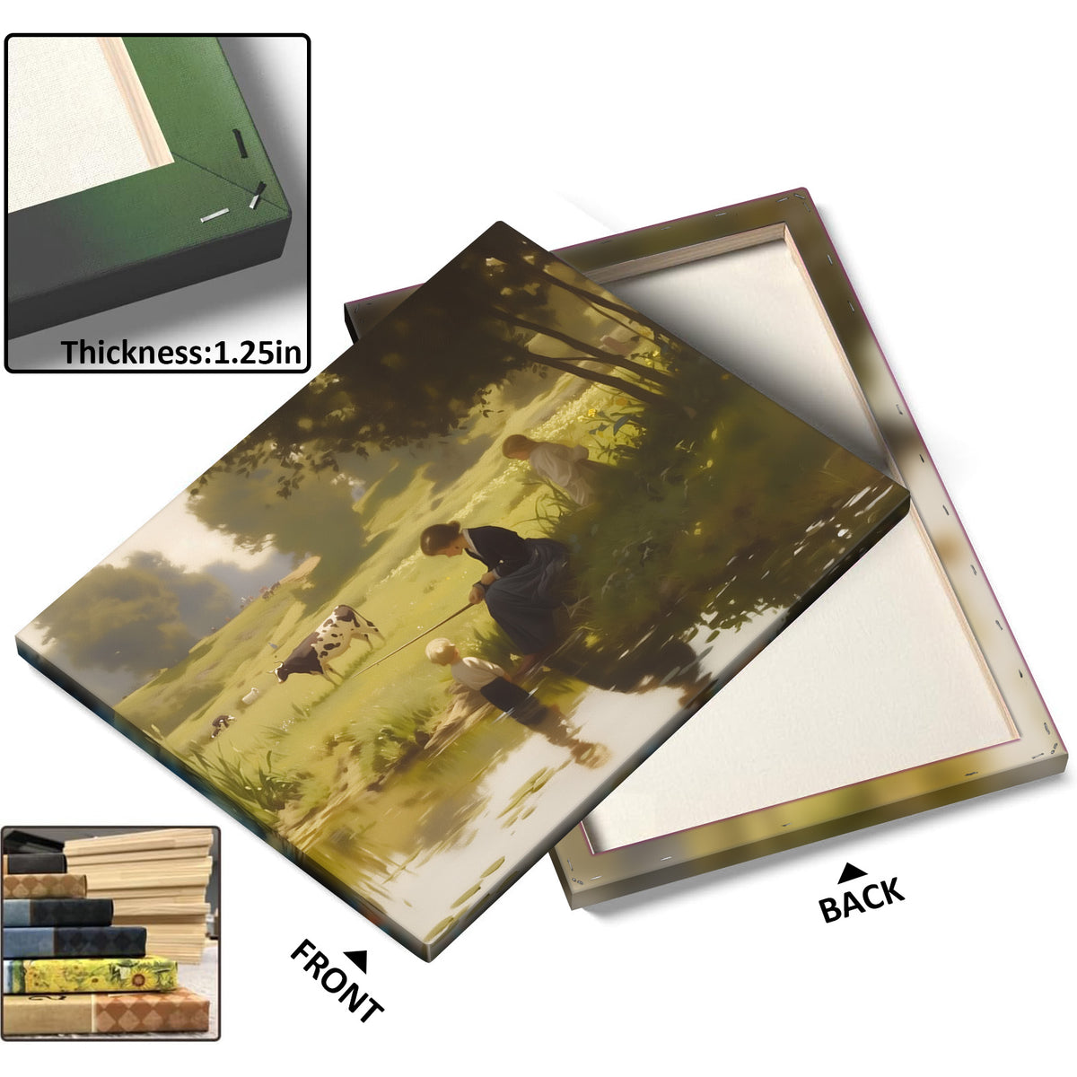 Mother and Child by the Pastoral Pond Nostalgic Impressionist Countryside Painting Wall Art