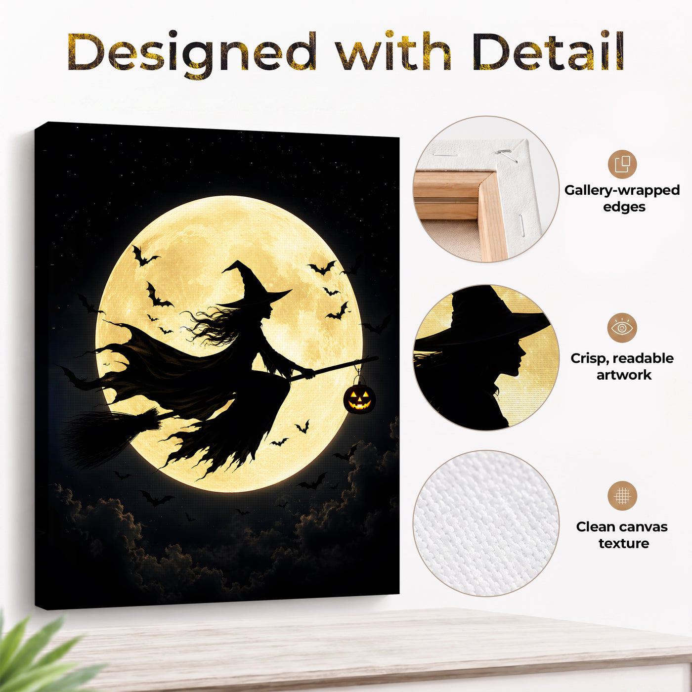 Witch Silhouette Halloween Canvas Wall Art, Magical Gothic Decor