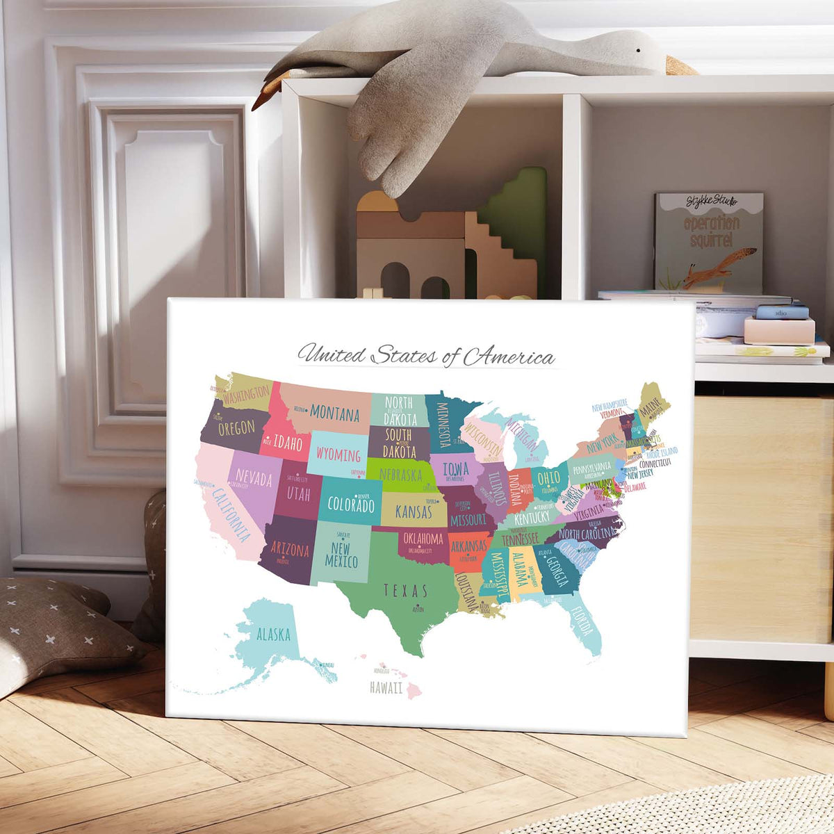 Colorful United States Map Wall Art – USA States and Capitals Canvas Print