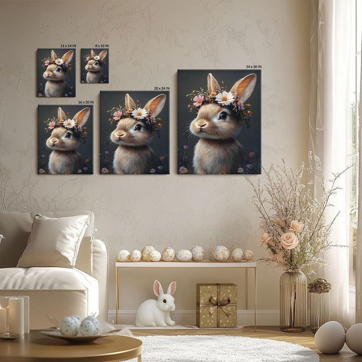 Easter Rabbit Framed Canvas Wall Art, Hare with Flower Crown Oil Painting Home Decor, Nature-Inspired Wall Decor Stunning Lovable Bunny Canvas Prints