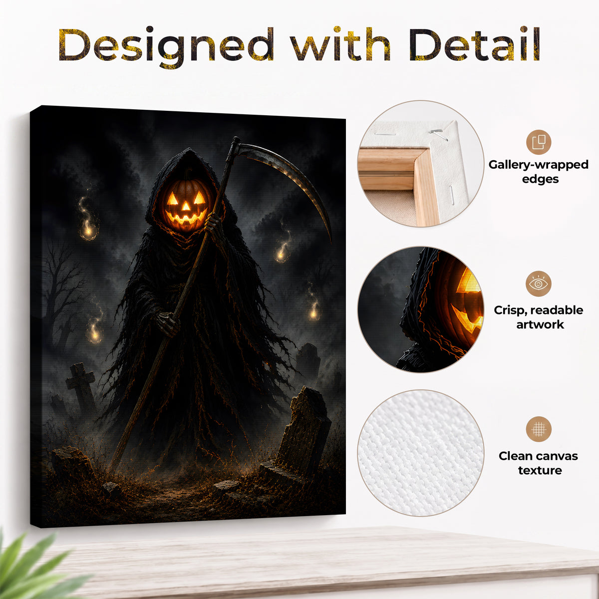 Evil Pumpkin Halloween Canvas Wall Art, Spooky Jack-o’-Lantern Decor