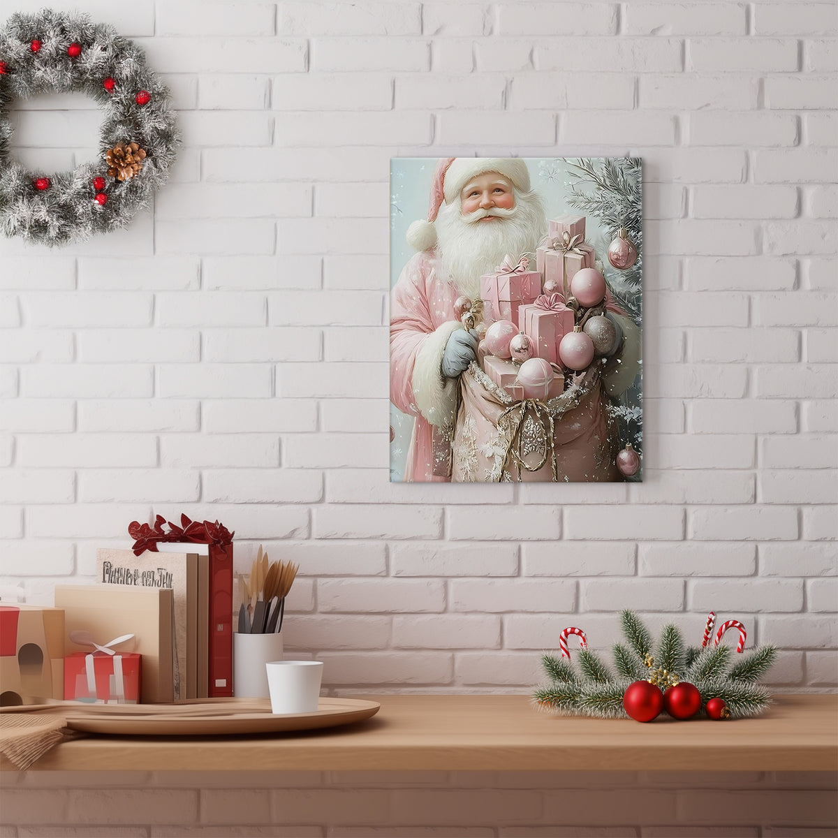 Pink Santa Claus Christmas Canvas Wall Art with Gifts, Whimsical Holiday Decor for Bedroom, Living Room and Nursery