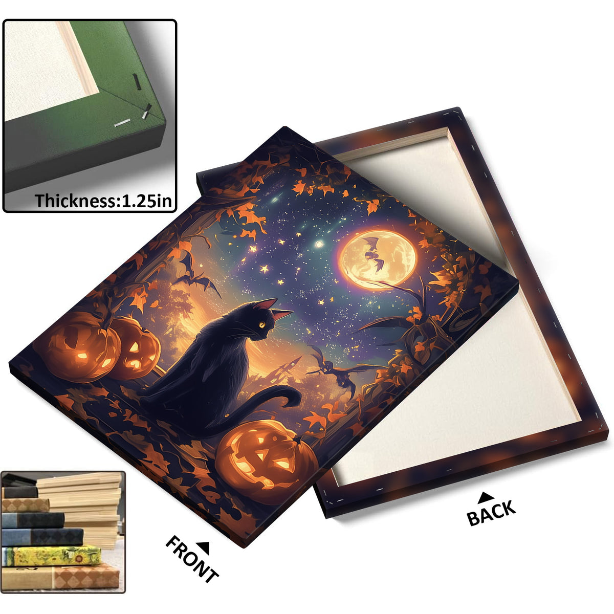 Black Cat and Pumpkins Halloween Whimsical Halloween Night Illustration Wall Art