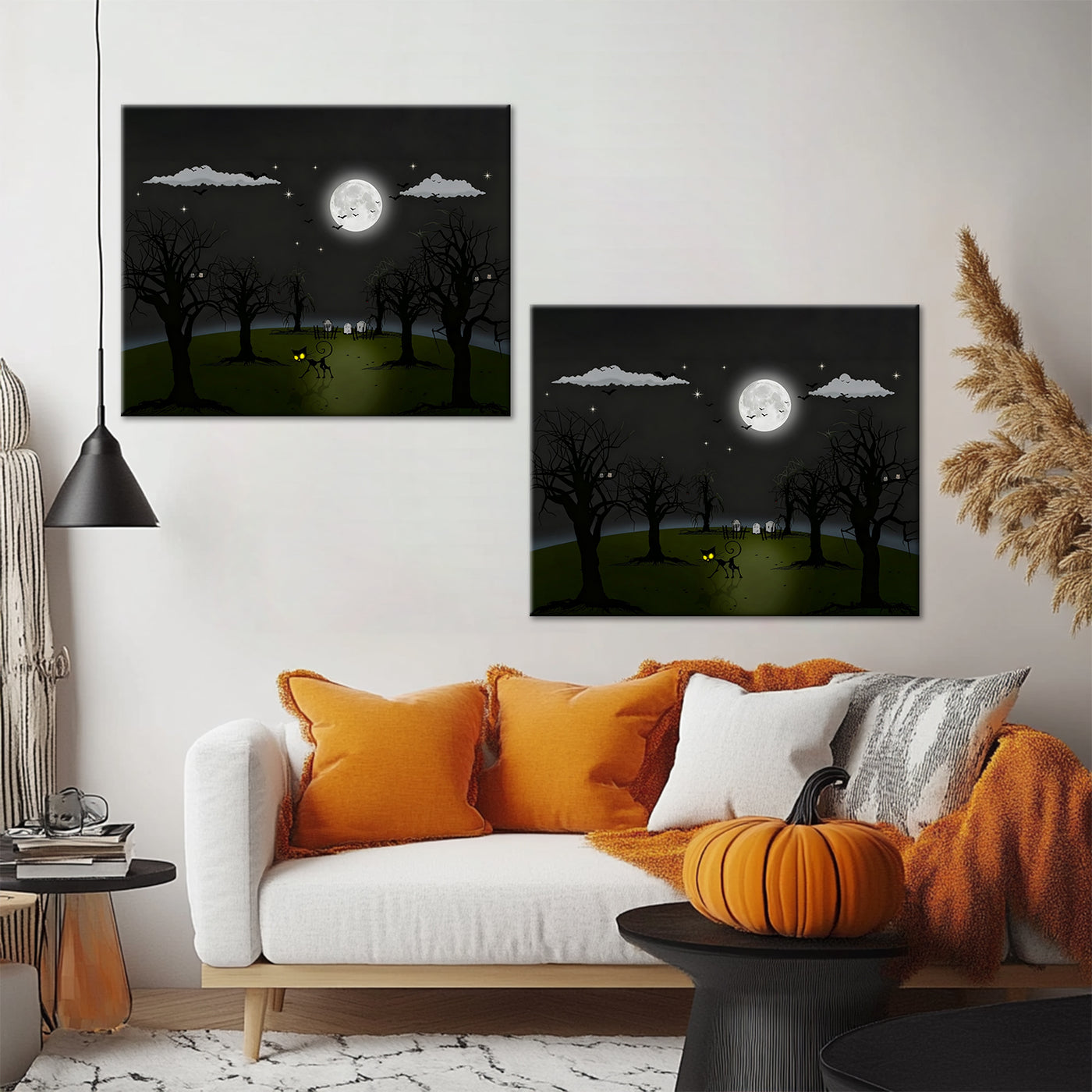 Moonlit Haunted Meadow Halloween Canvas Wall Art